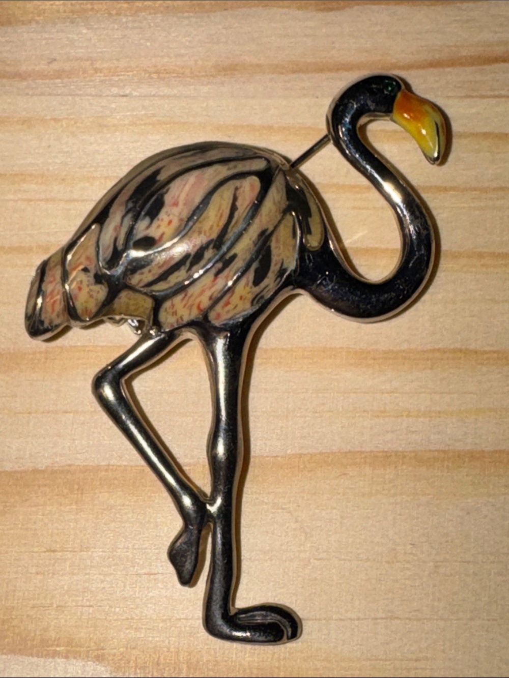 Vintage Flamingo Brooch Pin in Black and Cream - Unbranded